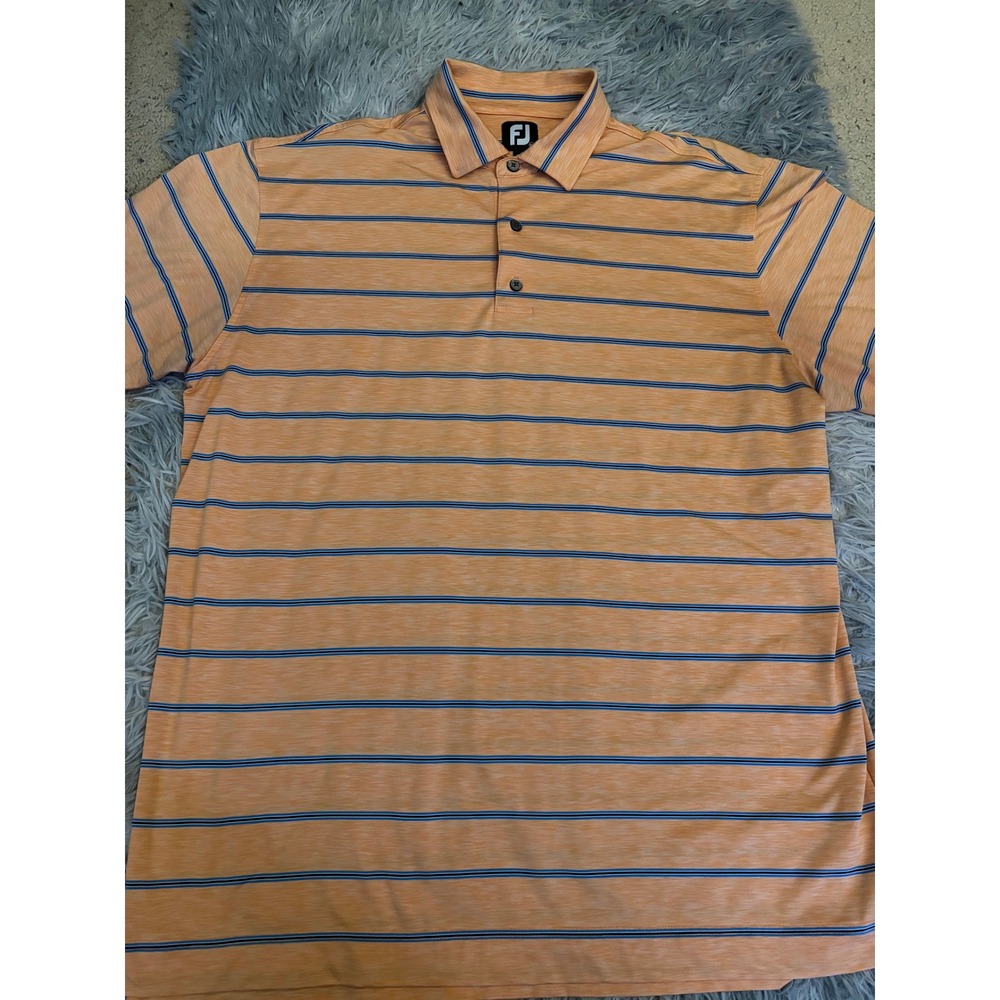 FootJoy Golf Polo Shirt Mens XL Orange Blue Striped Performance‎ Stretch FJ Logo